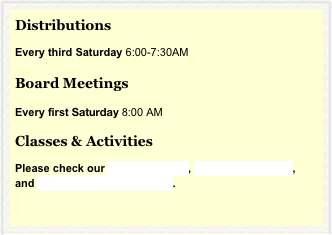 Distributions
Every third Saturday 6:00-7:30AM
Board Meetings
Every first Saturday 8:00 AM
Classes & Activities
Please check our Facebook page, Unity Barn Raisers, and This Week in Unity, Maine.