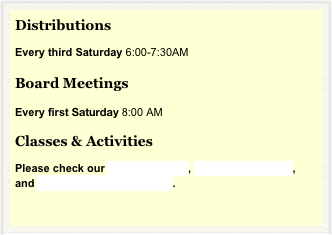 Distributions

Every third Saturday 6:00-7:30AM
  
Board Meetings

Every first Saturday 8:00 AM 

Classes & Activities 

Please check our Facebook page, Unity Barn Raisers, and This Week in Unity, Maine.

